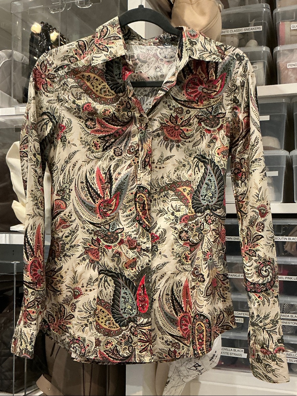 Paisley Button-Up Shirt in Cream with Red & Green Accents